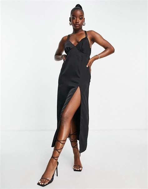 In The Style x Yasmin Chanel satin maxi dress with thigh split